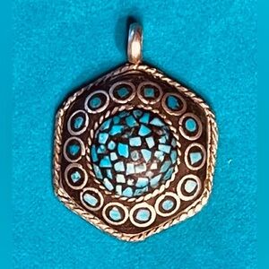 TIBETAN TURQUOISE BRASS PENDANT WITH MOSAIC TURQUOISE INLAY /NEPAL LUCKY AMULET